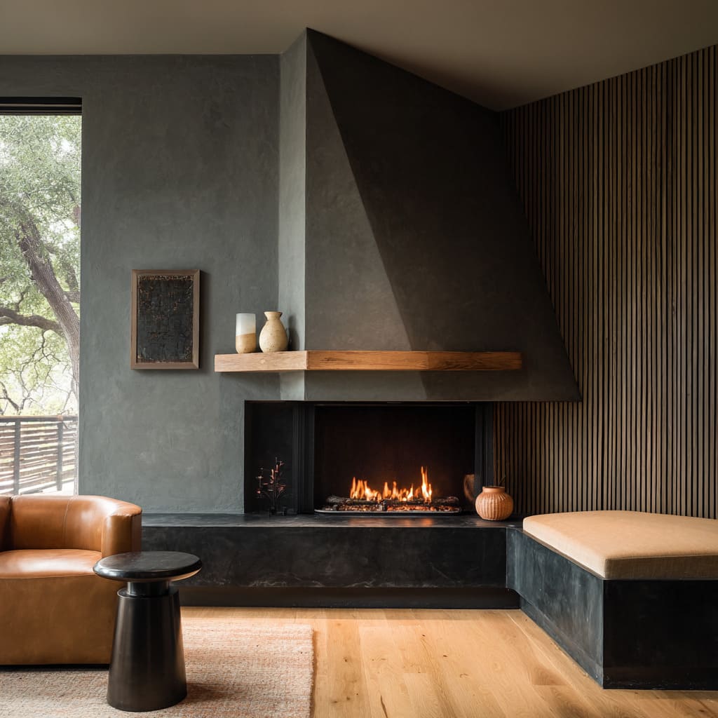 Diseño envolvente en esquina con campana oscura en yeso, repisa gruesa de roble, pared de listones y silla de piel caramelo Diseño envolvente en esquina con campana oscura en yeso, repisa gruesa de roble, pared de listones y silla de piel caramelo