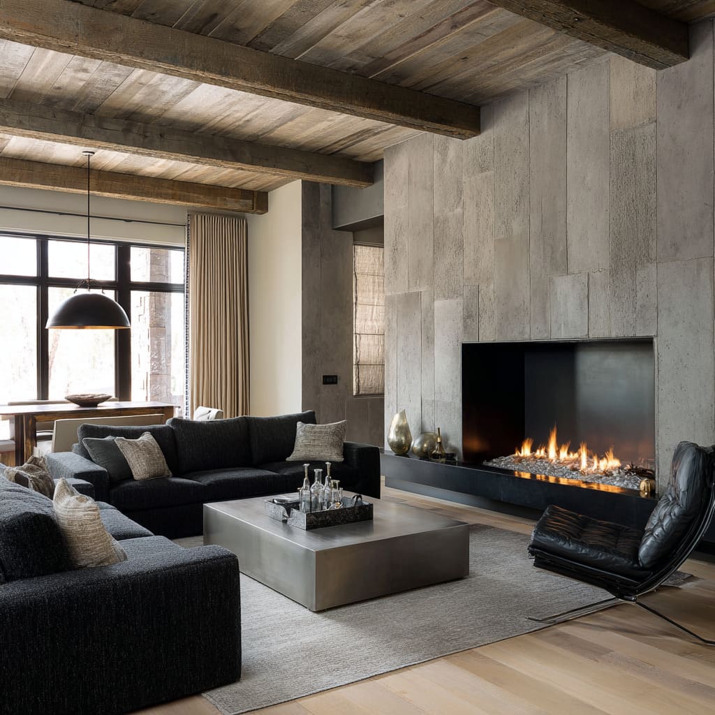 Moody mountain-modern grey and silver living room design with brushed-steel coffee cube Moody mountain-modern grey and silver living room design with brushed-steel coffee cube