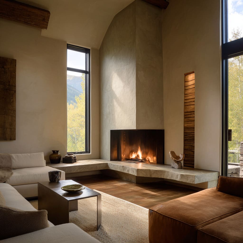 Ideas estilo montaña con chimenea en esquina en yeso, banco en L de piedra y techo alto tipo cabaña Ideas estilo montaña con chimenea en esquina en yeso, banco en L de piedra y techo alto tipo cabaña