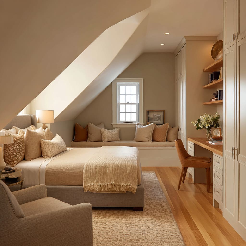 Multi-use sand attic room concept with warm beige walls, long built-in window bench, grey-sand upholstered bed, mixed neutral pillows Multi-use sand attic room concept with warm beige walls, long built-in window bench, grey-sand upholstered bed, mixed neutral pillows