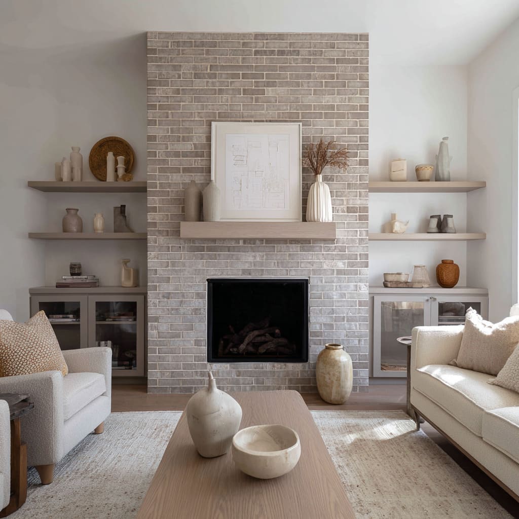 Chimenea en ladrillo tono mushroom con repisa mineral gris, estanterías arena pálida y neutros modernos aireados. Chimenea en ladrillo tono mushroom con repisa mineral gris, estanterías arena pálida y neutros modernos aireados.