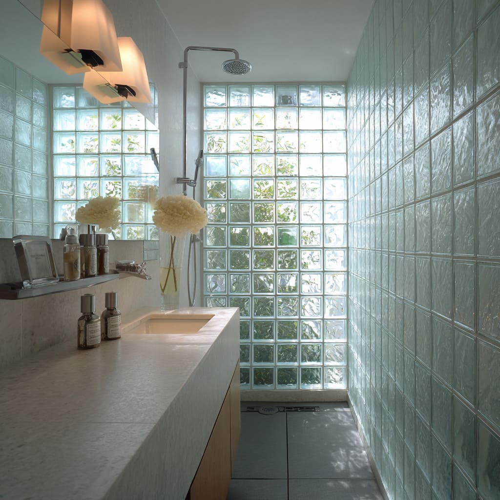 Narrow bathroom concept with a long vanity on the left, a centre shower, and a full-height glass block wall at the end, featuring rippled blocks Narrow bathroom concept with a long vanity on the left, a centre shower, and a full-height glass block wall at the end, featuring rippled blocks