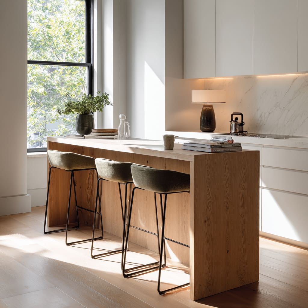 Narrow oak and white console concept with deep velvet stools, looped black sled bases, warm under-cabinet glow, and soft, even styling along the counter Narrow oak and white console concept with deep velvet stools, looped black sled bases, warm under-cabinet glow, and soft, even styling along the counter