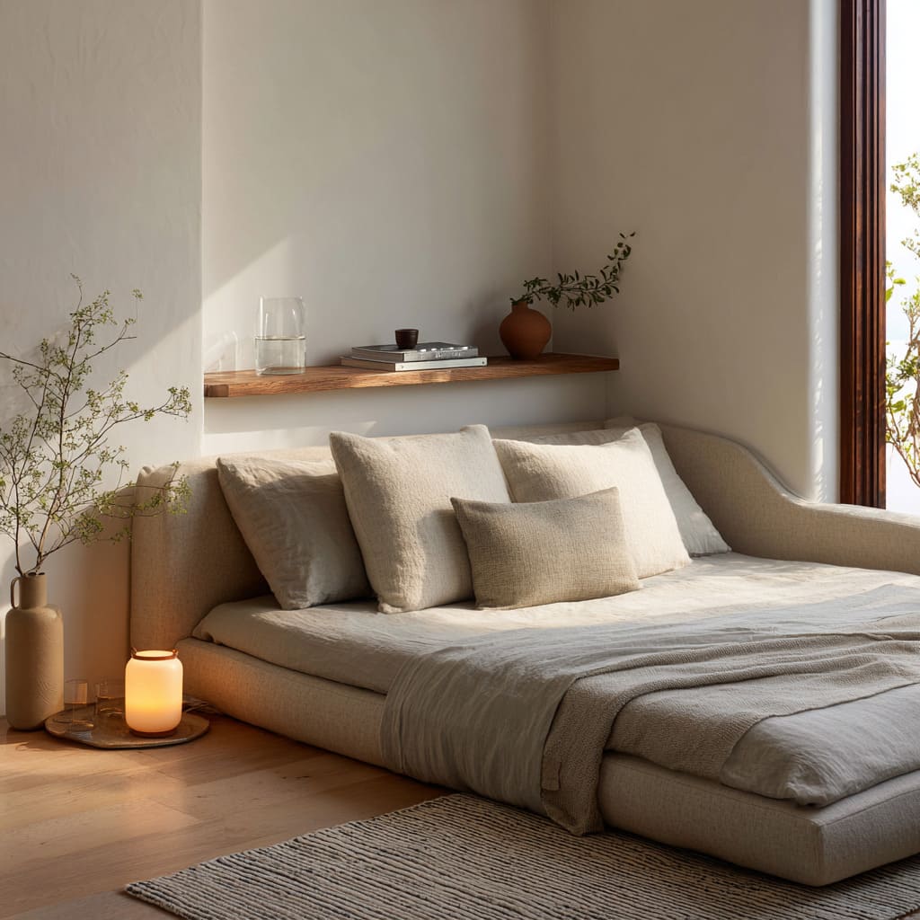 Near-floor corner bed concept with curved wood rails, slim shelf with soft objects, floor lantern, ribbed rug angled toward corner Near-floor corner bed concept with curved wood rails, slim shelf with soft objects, floor lantern, ribbed rug angled toward corner