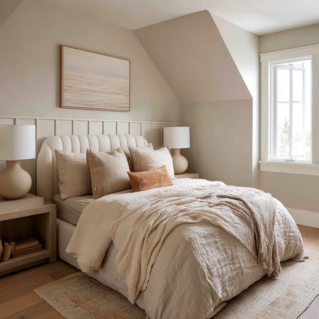 Neat warm sand attic bedroom design with a sloped ceiling, cream battens, boucle headboard, linen bedding, oak nightstands Neat warm sand attic bedroom design with a sloped ceiling, cream battens, boucle headboard, linen bedding, oak nightstands