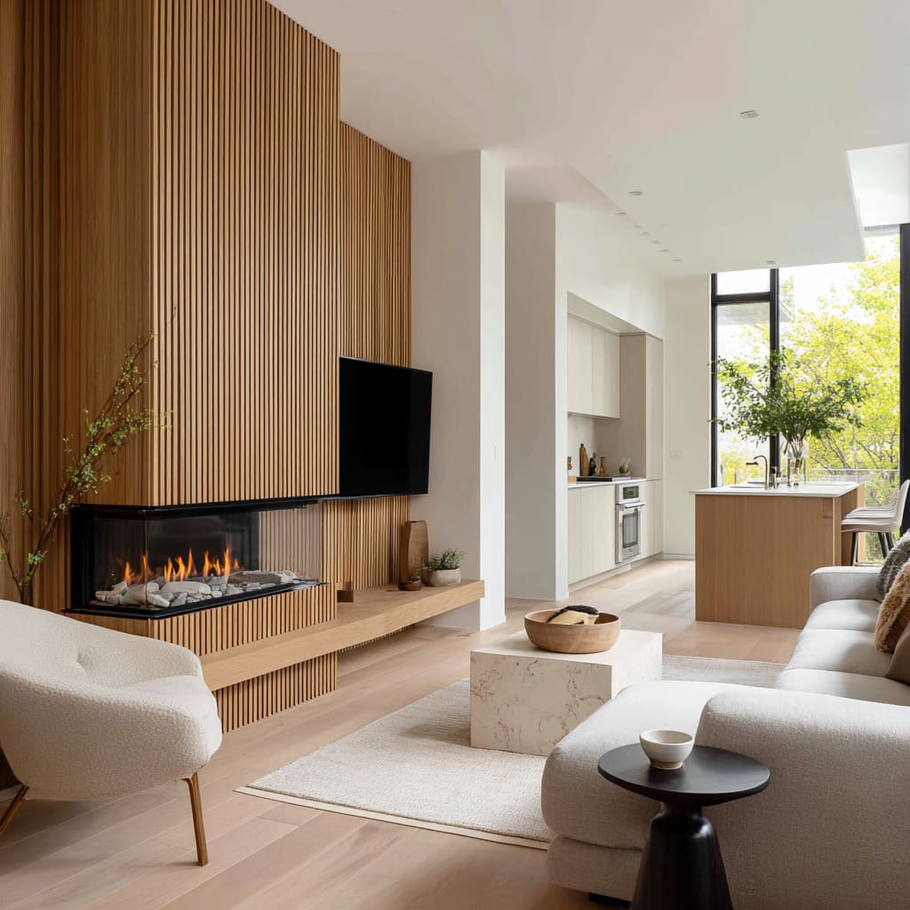 New living room ideas with a rust lounge chair, stone coffee slab, and a fireplace New living room ideas with a rust lounge chair, stone coffee slab, and a fireplace