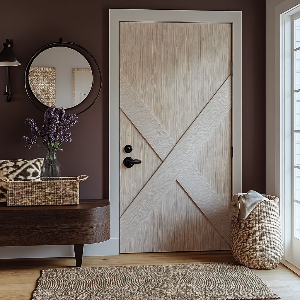 Nice Light-Wood X-Pattern Door Design Against a Deep Wall