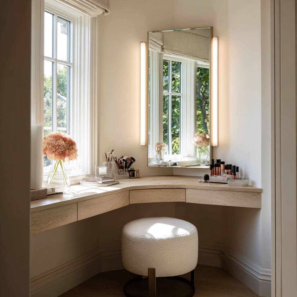 Concepto elegante con nicho para tocador y espejos en esquina Concepto elegante con nicho para tocador y espejos en esquina