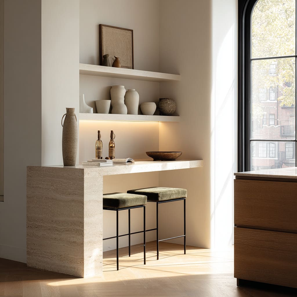 Nice coposition with a console built into a stone niche opposite an arched window, with olive velvet stools, minimal bottles Nice coposition with a console built into a stone niche opposite an arched window, with olive velvet stools, minimal bottles