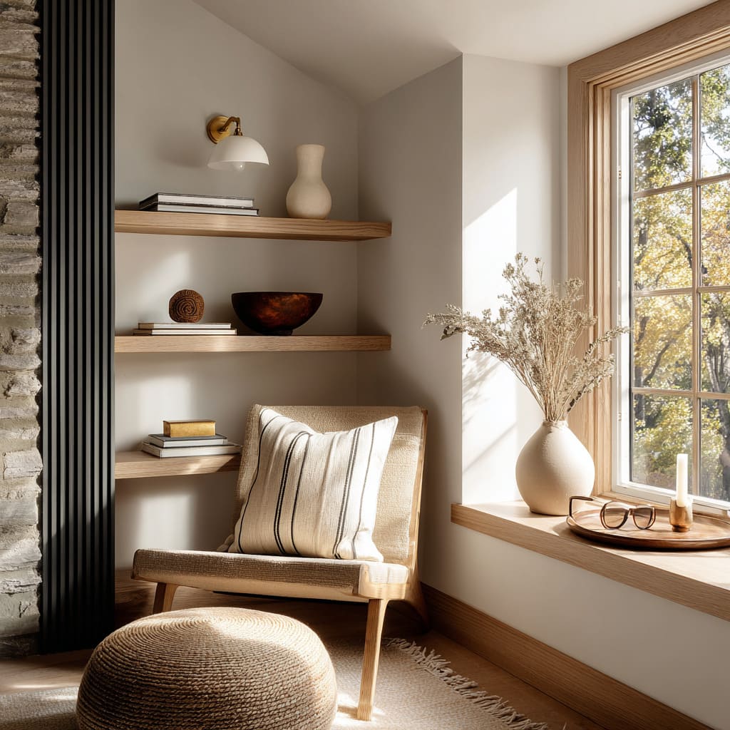 Nice corner shelves ideas by stone chimney, dried stems, coastal textures, sling chair, pouf Nice corner shelves ideas by stone chimney, dried stems, coastal textures, sling chair, pouf