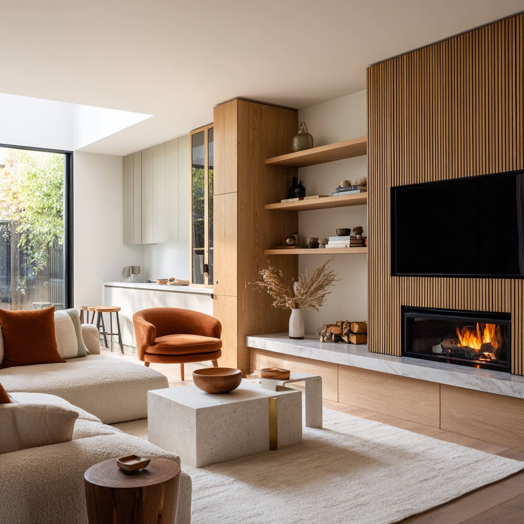 Nice interior with honey oak slats with marble bench, boucle sofa, orange chair, terrazzo tables, and soft textures Nice interior with honey oak slats with marble bench, boucle sofa, orange chair, terrazzo tables, and soft textures