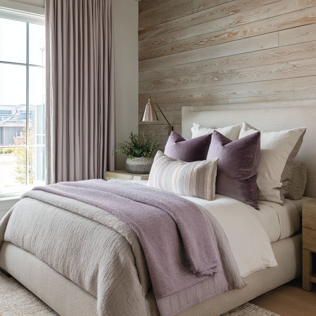 Bonito dormitorio en púrpura y plata con pared de tablas blanqueadas, cojines orquídea apagada, manta lila y lámpara metálica cepillada. Bonito dormitorio en púrpura y plata con pared de tablas blanqueadas, cojines orquídea apagada, manta lila y lámpara metálica cepillada.