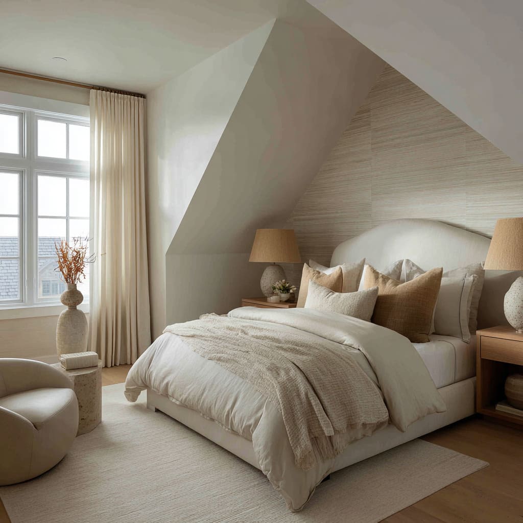 Nice sand color bedroom design under steep ceilings with striped wallcovering, arched headboard, layered neutral bedding Nice sand color bedroom design under steep ceilings with striped wallcovering, arched headboard, layered neutral bedding
