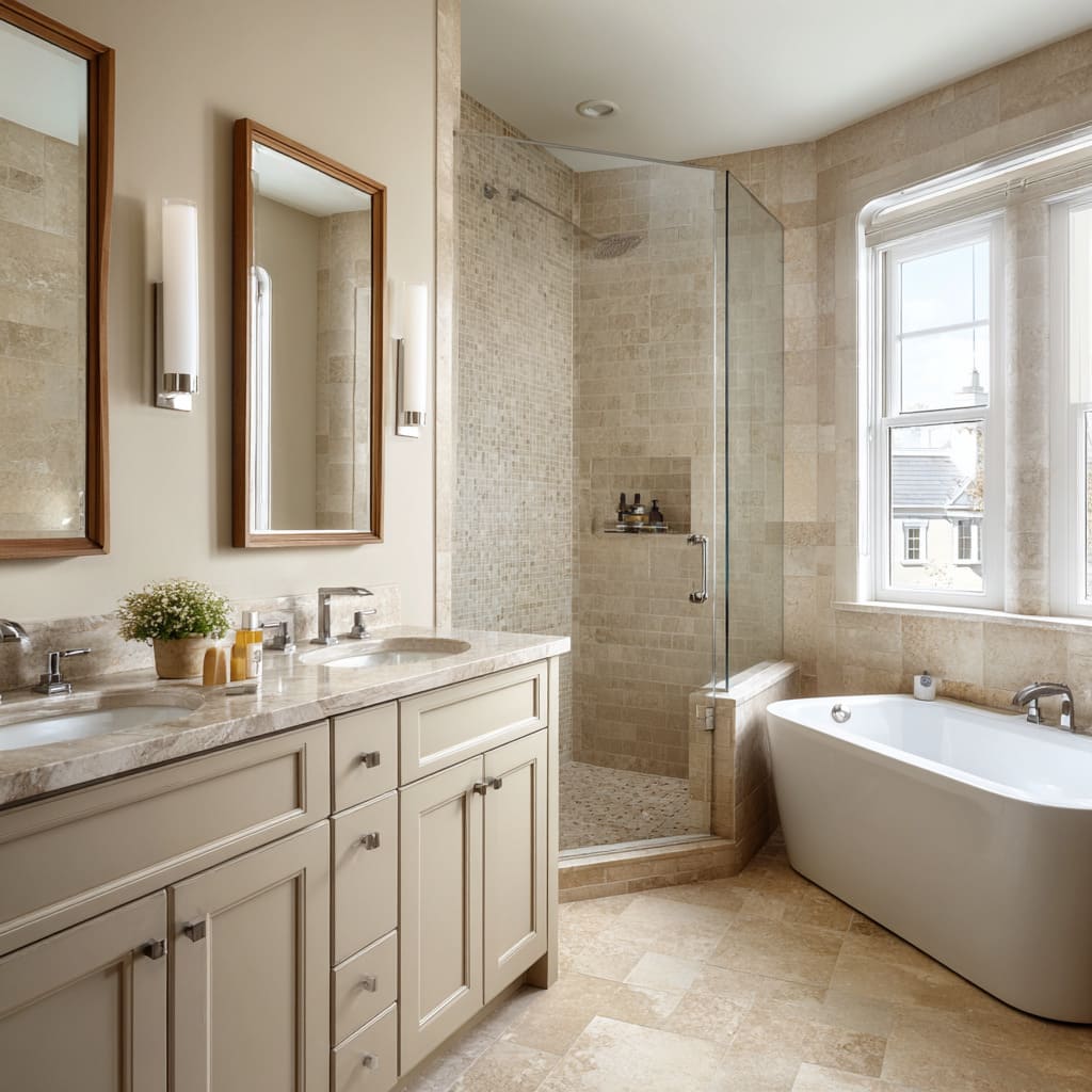 Nice wheat-sand bathroom concept with classic detailing and soft mosaic shower Nice wheat-sand bathroom concept with classic detailing and soft mosaic shower