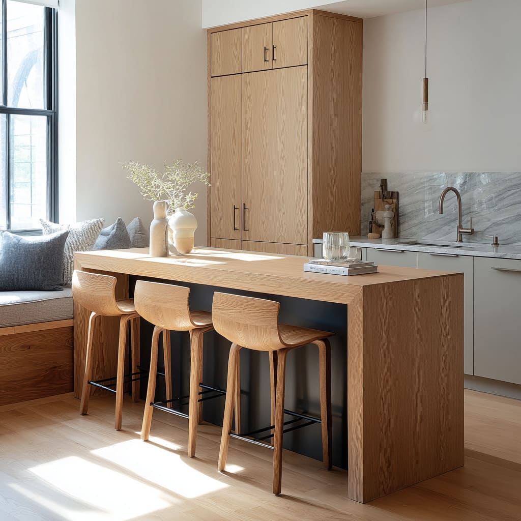 Oak block-leg console design forming an eat-in hub with three saddle stools, charcoal niche, marble upstand Oak block-leg console design forming an eat-in hub with three saddle stools, charcoal niche, marble upstand