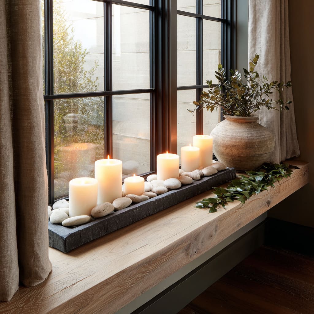 Alféizar de roble con canaleta de piedra carbón llena de velas gruesas, ramas de olivo y guijarros que forman una composición navideña natural y serena. Alféizar de roble con canaleta de piedra carbón llena de velas gruesas, ramas de olivo y guijarros que forman una composición navideña natural y serena.