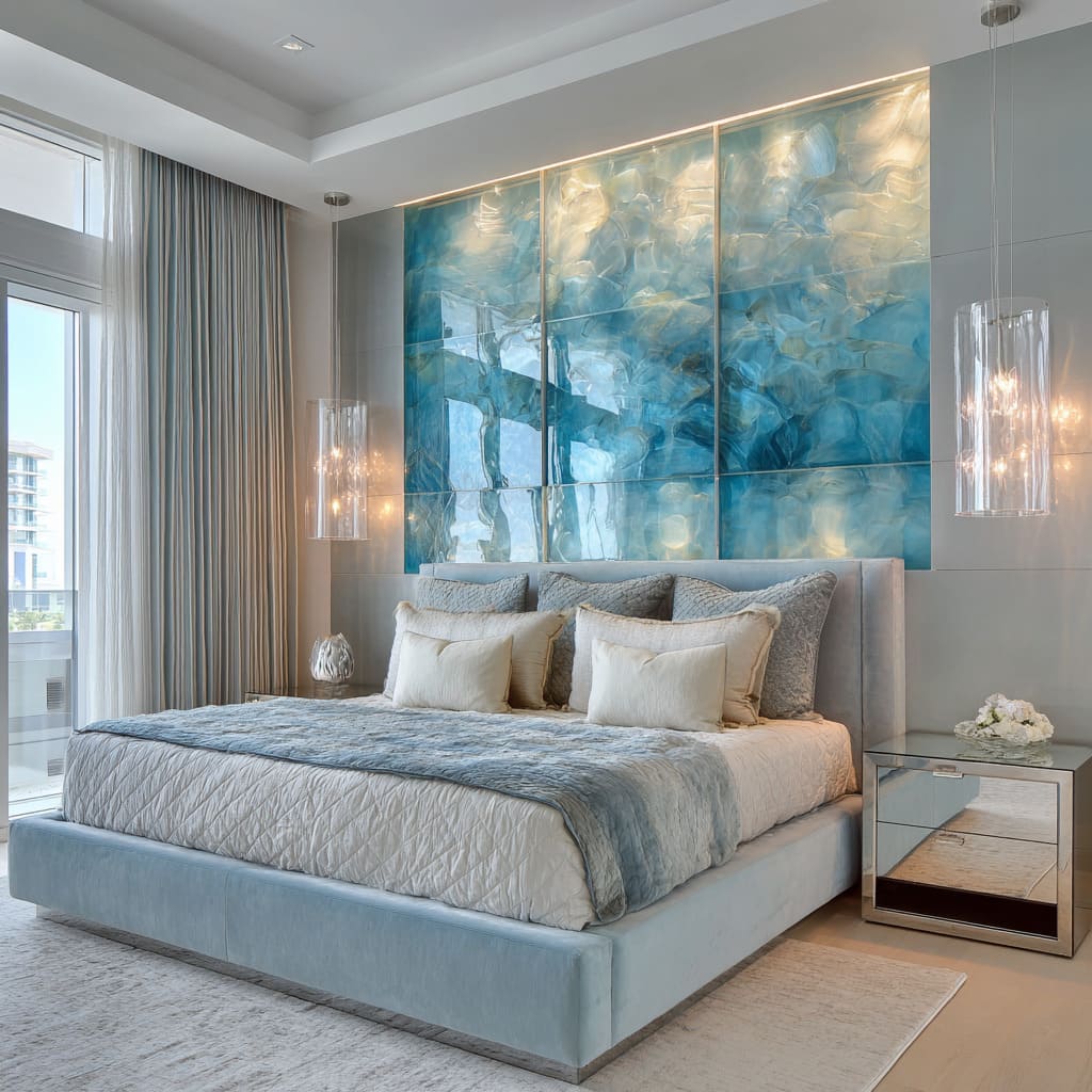 Oceanic glass headboard wall concept with powder-blue bed and reflective silver accents Oceanic glass headboard wall concept with powder-blue bed and reflective silver accents