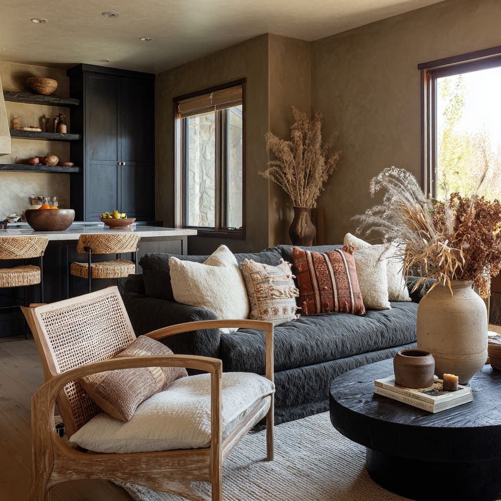 Open Living Room Design With Textural Layers, Soft Earth Tones, and Kitchen Integration