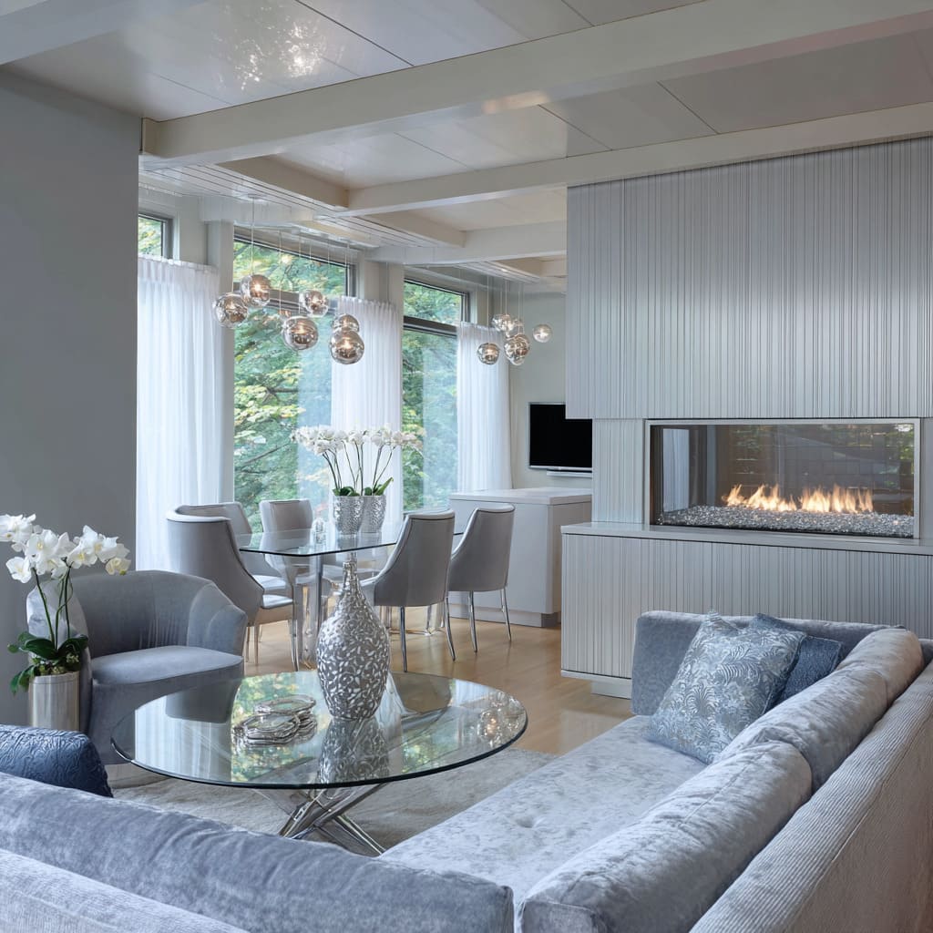 Open-plan silver and grey living room design with a ribbed metallic wall, frosted-silver velvet section Open-plan silver and grey living room design with a ribbed metallic wall, frosted-silver velvet section