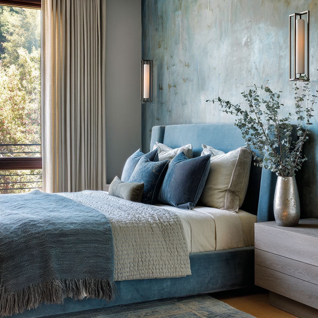 Painterly teal and pewter blue bedroom styling with textured wall, brushed sconces, and velvet bed Painterly teal and pewter blue bedroom styling with textured wall, brushed sconces, and velvet bed