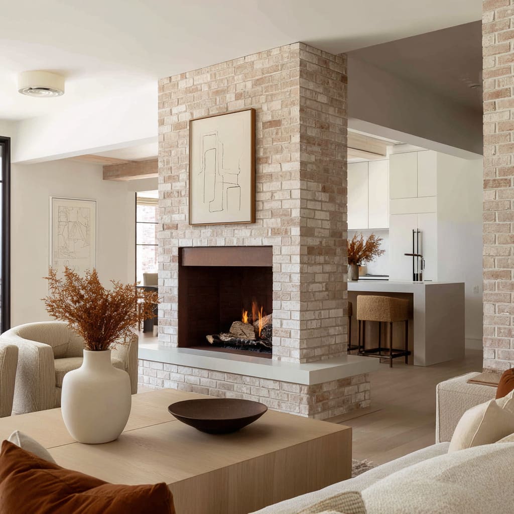 Concepto de chimenea columna en ladrillo de piedra clara, con matices rosados suaves y paleta en madera natural clara. Concepto de chimenea columna en ladrillo de piedra clara, con matices rosados suaves y paleta en madera natural clara.