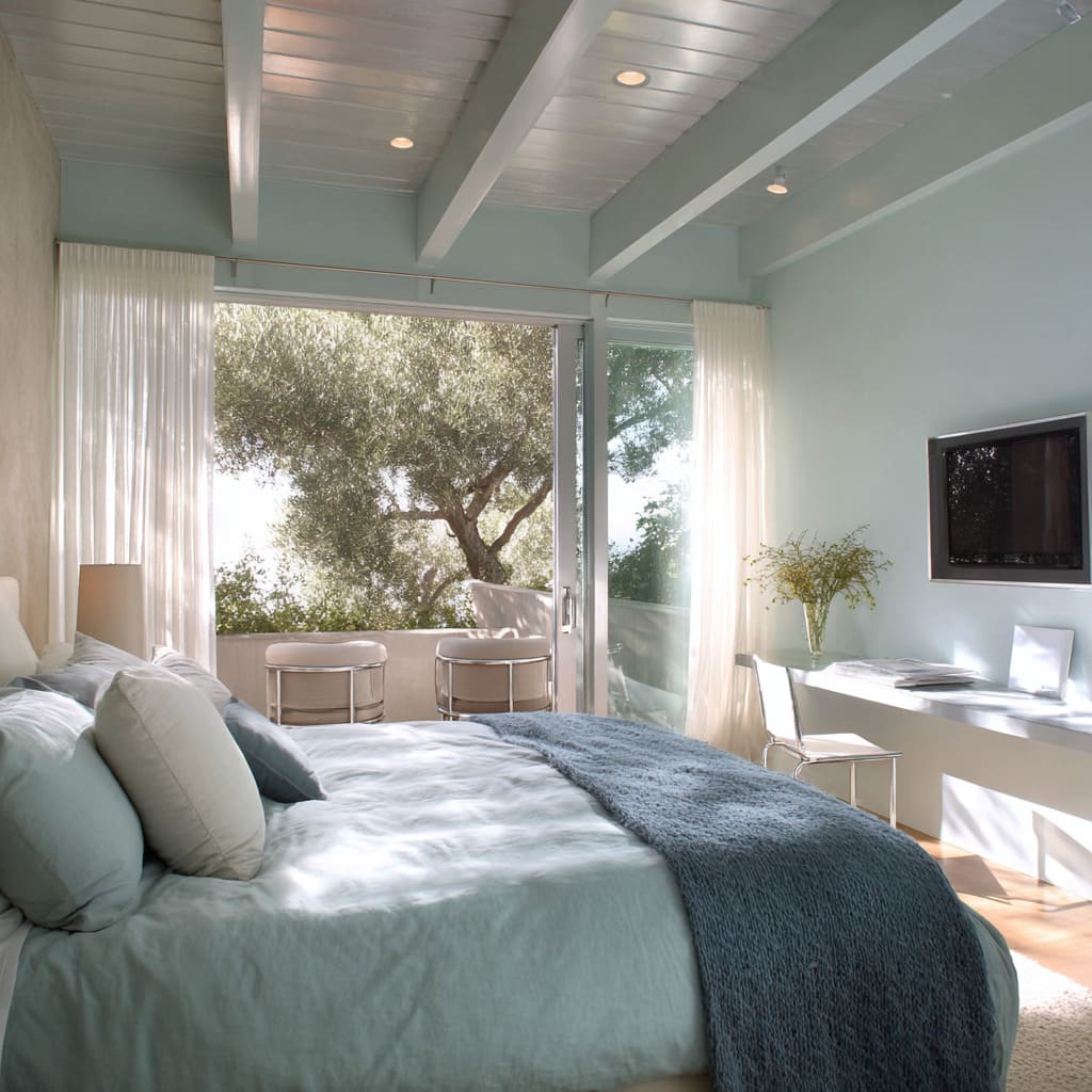 Pale blue and silver bedroom inspo with beamed ceiling, gauzy curtains, and breezy sunlight Pale blue and silver bedroom inspo with beamed ceiling, gauzy curtains, and breezy sunlight