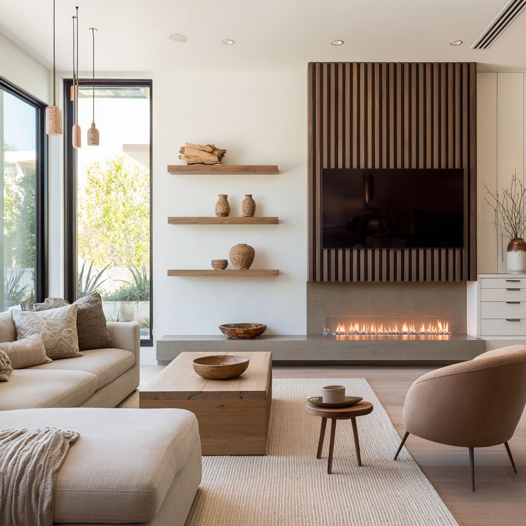 Pale interior with slat TV wall idea, slim floating shelves, low concrete hearth, blush chair, sculptural pendant lights Pale interior with slat TV wall idea, slim floating shelves, low concrete hearth, blush chair, sculptural pendant lights