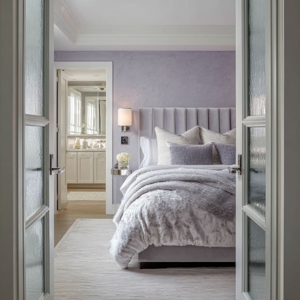 Pale lilac and silver bedroom concept with channel velvet headboard, long-pile throw, glass doors