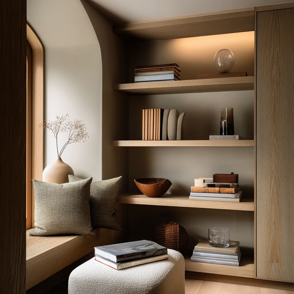 Pale-oak shelves in warm niche design with curved wall, soft top glow, simple vessels and books, boucle ottoman Pale-oak shelves in warm niche design with curved wall, soft top glow, simple vessels and books, boucle ottoman