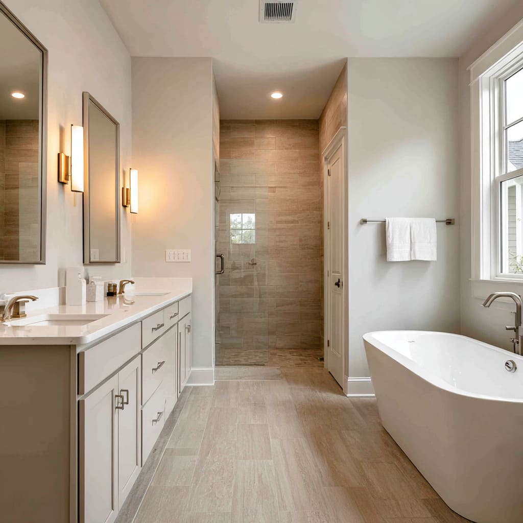 Pale-oatstone sand bathroom ideas with freestanding tub and gentle, almost coastal light Pale-oatstone sand bathroom ideas with freestanding tub and gentle, almost coastal light