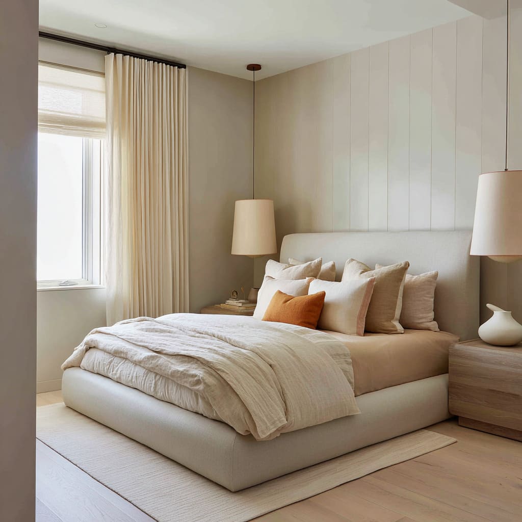 Pale sand bedroom concept with glossy vertical wall panels, tall upholstered headboard, layered oat linen bedding Pale sand bedroom concept with glossy vertical wall panels, tall upholstered headboard, layered oat linen bedding