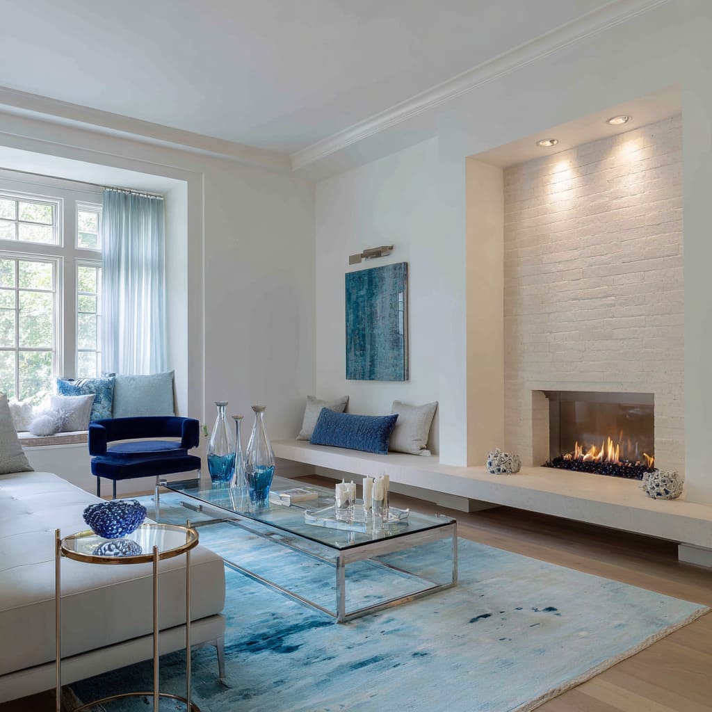 Pale silver and blue living room ideas with silvery-white walls, teal artwork, velvet lounge chair, glass table with nickel frame Pale silver and blue living room ideas with silvery-white walls, teal artwork, velvet lounge chair, glass table with nickel frame