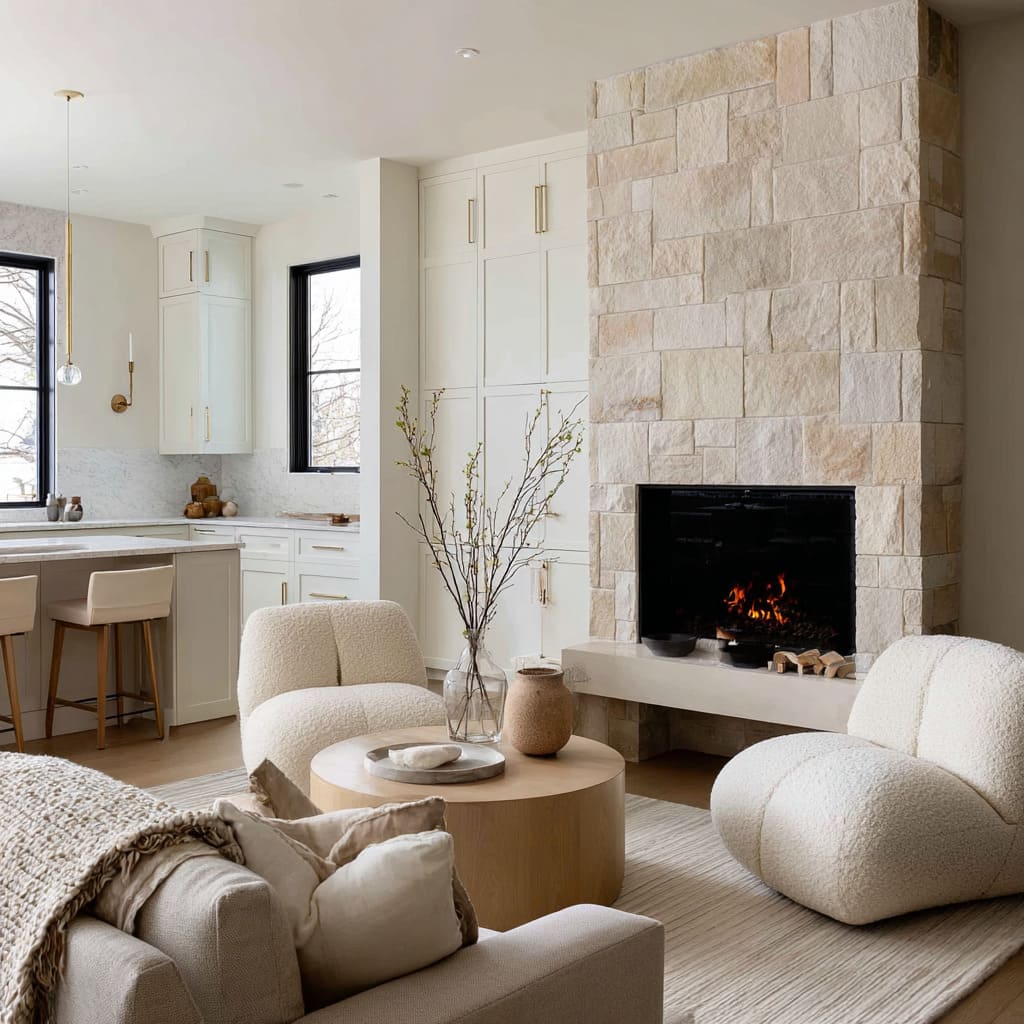 Pale stone chimney, cloud chairs, oak drum table, soft woven textures, and twig branches Pale stone chimney, cloud chairs, oak drum table, soft woven textures, and twig branches