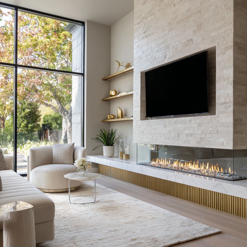 Pale stone media wall designwith brushed champagne ribbing, low glass-covered fire, brass shelves, chrome side table Pale stone media wall designwith brushed champagne ribbing, low glass-covered fire, brass shelves, chrome side table