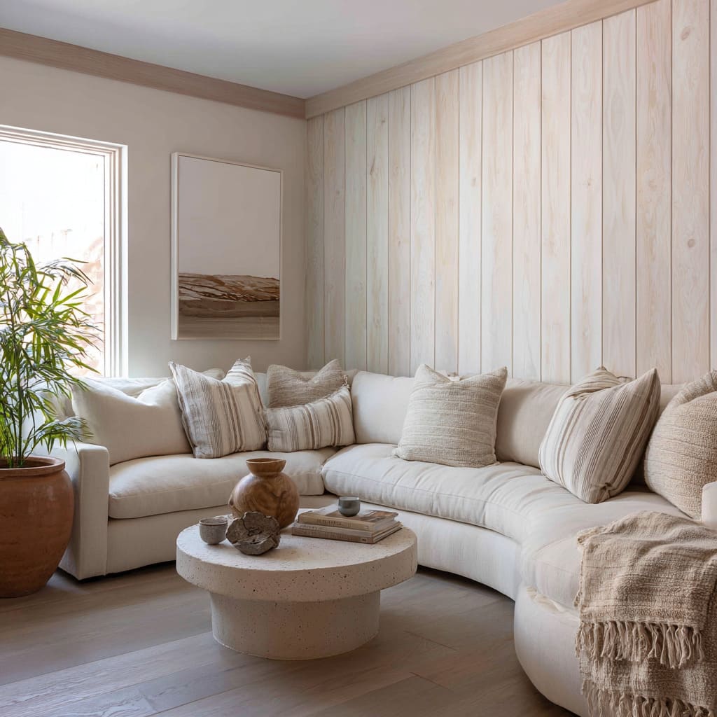 Pale vertical plank wall design with sun-washed grain, slim wood ceiling border, curved sofa Pale vertical plank wall design with sun-washed grain, slim wood ceiling border, curved sofa