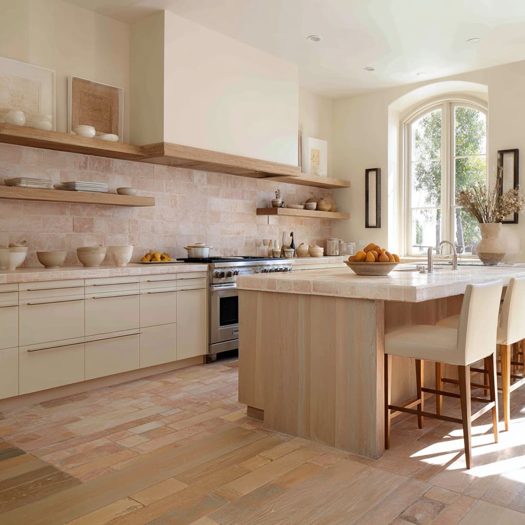 Pale wood and blush terracotta plank kitchen design with blended floor zone Pale wood and blush terracotta plank kitchen design with blended floor zone