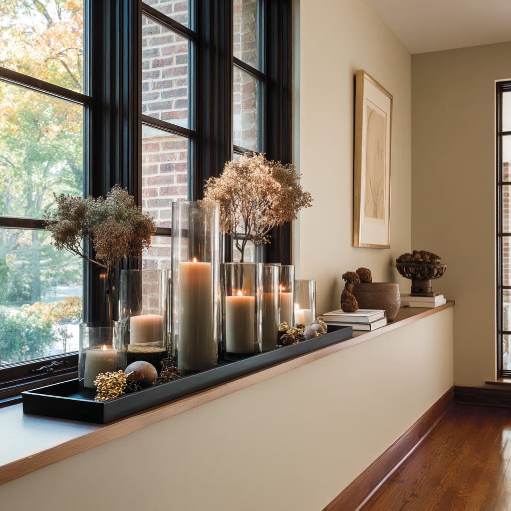 Repisaluz en madera clara con bandeja negra que sostiene fanales de vidrio, hortensias, acentos metálicos y libros decorativos, creando una escena navideña luminosa y lujosa. Repisaluz en madera clara con bandeja negra que sostiene fanales de vidrio, hortensias, acentos metálicos y libros decorativos, creando una escena navideña luminosa y lujosa.