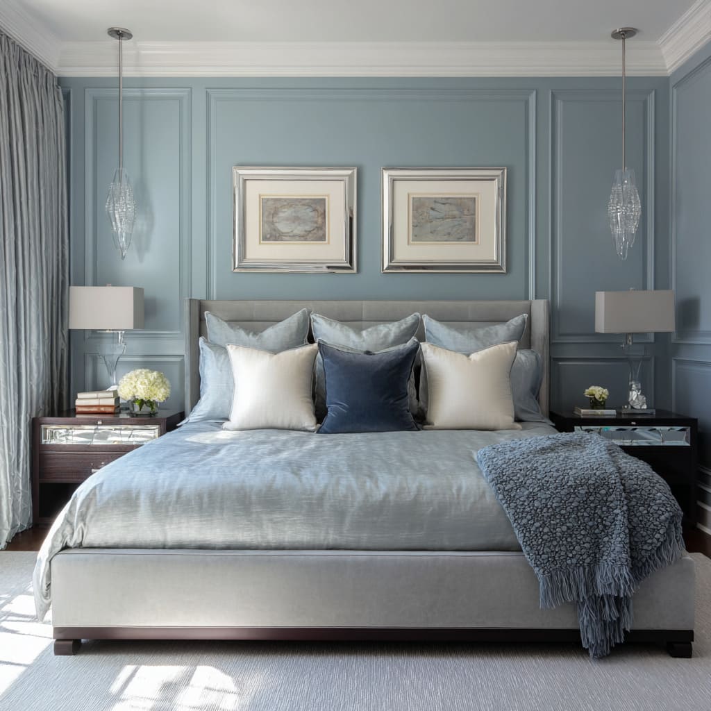 Paneled blue and silver bedroom design with framed seascape art, mirrored nightstands, and crystal pendants Paneled blue and silver bedroom design with framed seascape art, mirrored nightstands, and crystal pendants