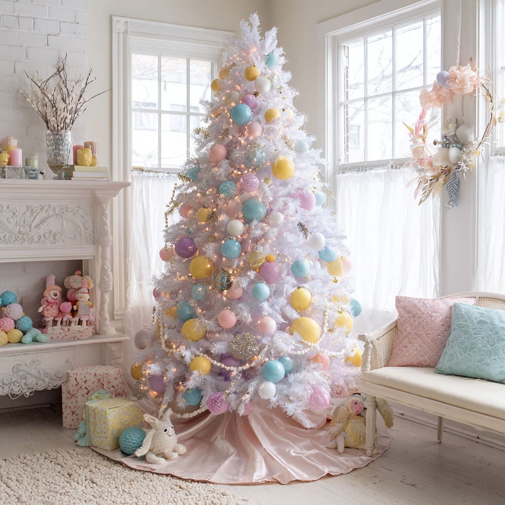 Ideas para árboles de Navidad vintage en tonos pastel con adornos amarillo mantequilla, azul huevo de petirrojo y lavanda sobre una base blanca suave.