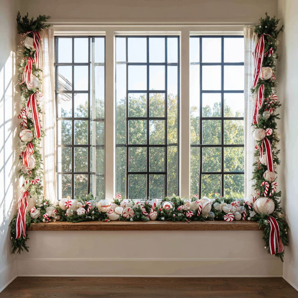 Ideas navideñas con temática de menta y rojo mediante guirnalda de cinta a rayas, adornos tejidos y motivos de caramelo alrededor del alféizar y del marco. Ideas navideñas con temática de menta y rojo mediante guirnalda de cinta a rayas, adornos tejidos y motivos de caramelo alrededor del alféizar y del marco.