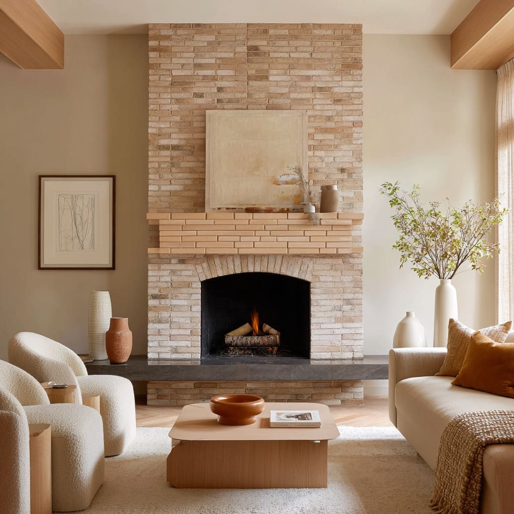 Chimenea en ladrillo color peltre con repisa arena suave, acentos en arcilla cálida y neutros escultóricos. Chimenea en ladrillo color peltre con repisa arena suave, acentos en arcilla cálida y neutros escultóricos.