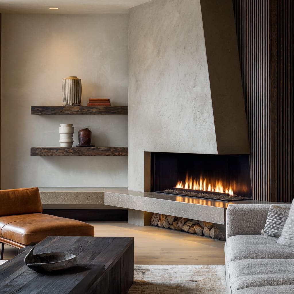 Chimenea en esquina con yeso y piedra, chimenea inclinada, base de terrazo, repisas flotantes y chaise de piel Chimenea en esquina con yeso y piedra, chimenea inclinada, base de terrazo, repisas flotantes y chaise de piel