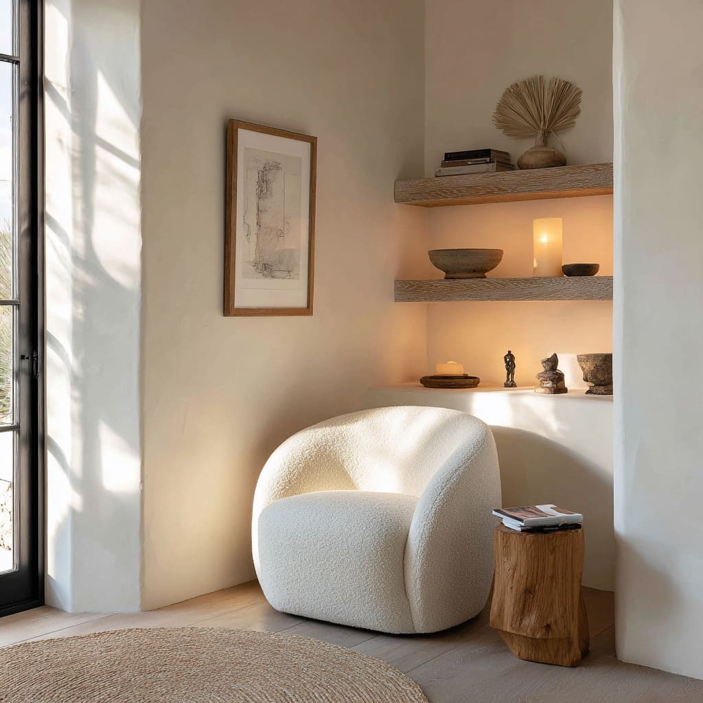 Plaster recess with chunky wood shelves, boucle chair, stump side table, candle, small artwork, and jute rug for a simple cozy nook corner Plaster recess with chunky wood shelves, boucle chair, stump side table, candle, small artwork, and jute rug for a simple cozy nook corner