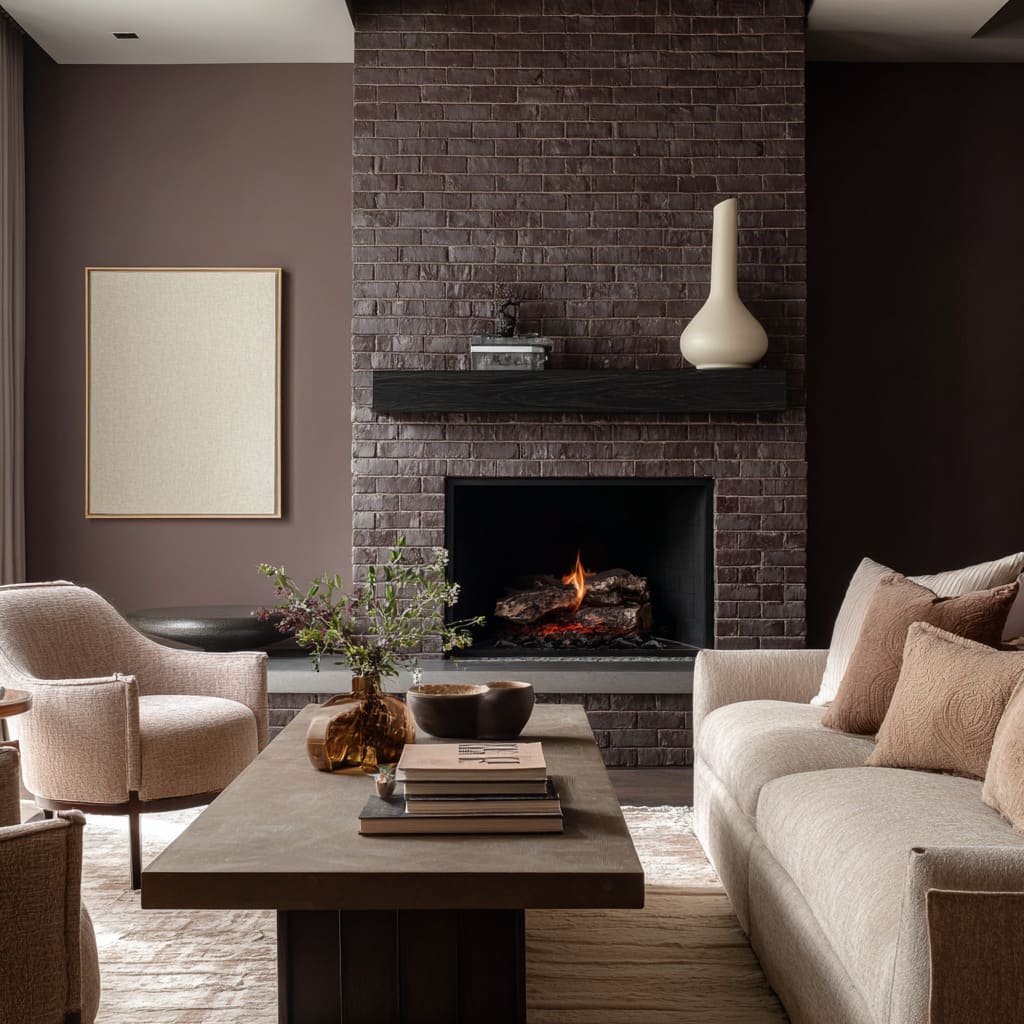 Ideas de chimenea en ladrillo ciruela-cacao con muros en malva empolvado y mobiliario neutro suave. Ideas de chimenea en ladrillo ciruela-cacao con muros en malva empolvado y mobiliario neutro suave.