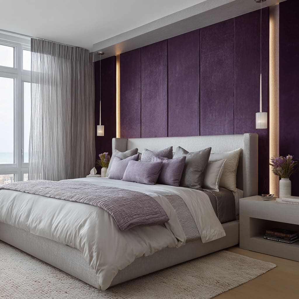 Dormitorio ciruela con pared panelada en terciopelo, canales de luz cálida, colcha lavanda y ropa de cama en peltre. Dormitorio ciruela con pared panelada en terciopelo, canales de luz cálida, colcha lavanda y ropa de cama en peltre.