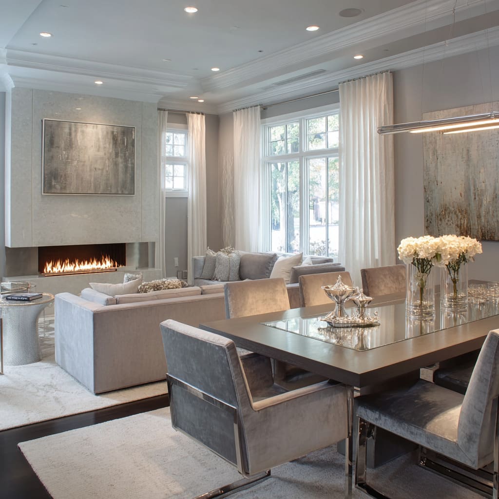 Polished contemporary front room with U-shaped sofa layout Polished contemporary front room with U-shaped sofa layout