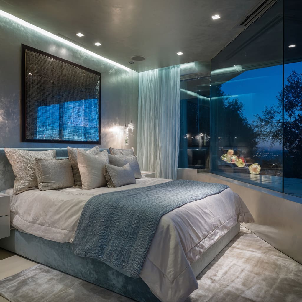 Polished silver and blue night bedroom concept with glowing plaster walls, LED ceiling light, and glass corner view Polished silver and blue night bedroom concept with glowing plaster walls, LED ceiling light, and glass corner view