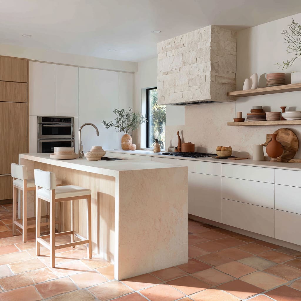 Concepto de cocina blanca y terracota pulida con suelo brillante de ladrillo irregular, muebles en L blanco roto y campana de piedra clara Concepto de cocina blanca y terracota pulida con suelo brillante de ladrillo irregular, muebles en L blanco roto y campana de piedra clara