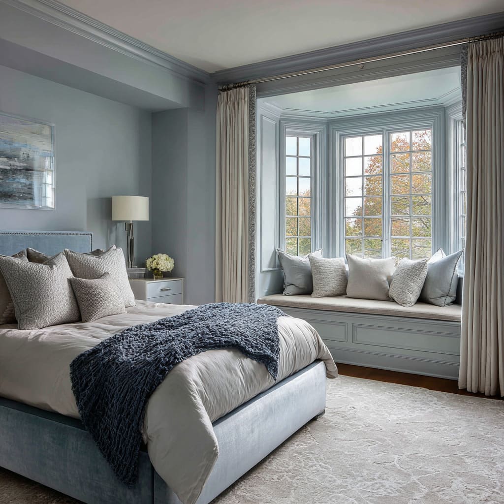 Powder-blue bay window bedroom concept with mirrored tables, indigo throw, and creamy drapery Powder-blue bay window bedroom concept with mirrored tables, indigo throw, and creamy drapery