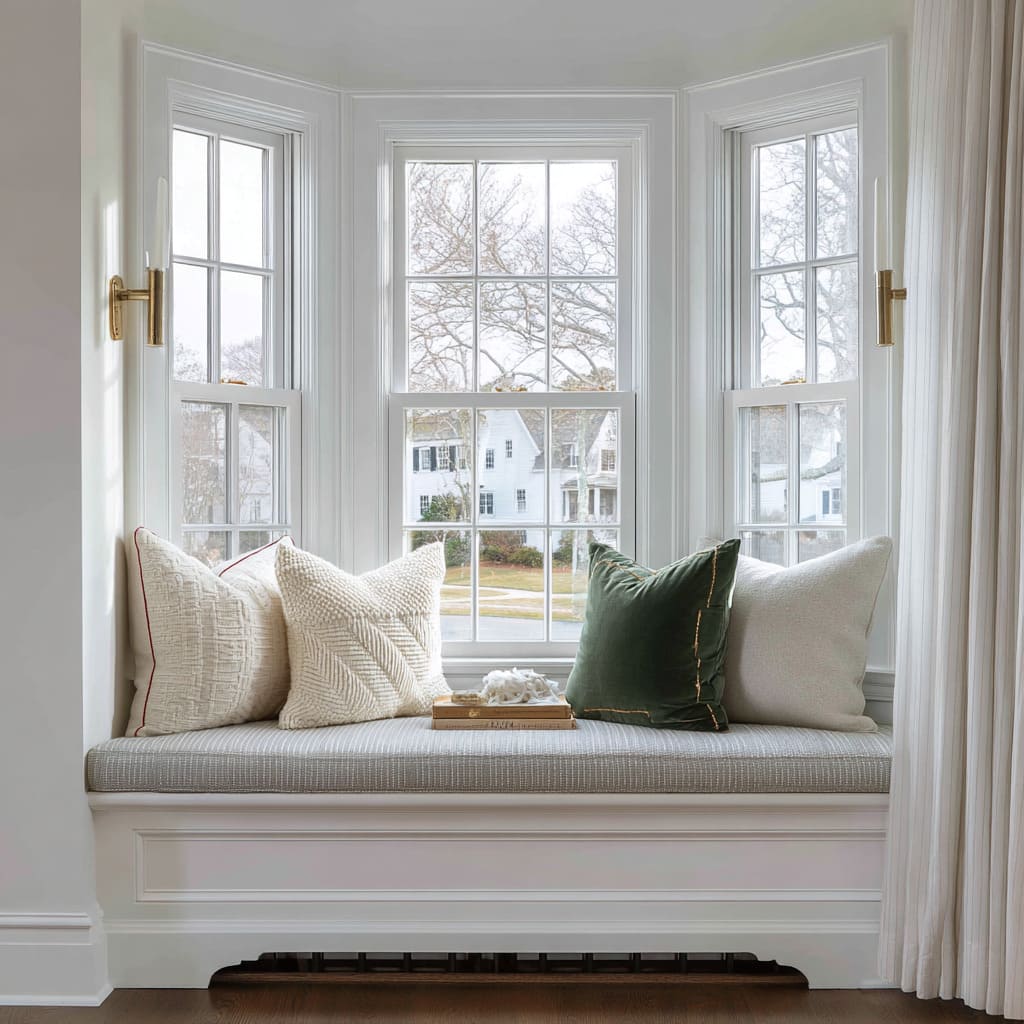 Mirador blanco puro con cojín a rayas, cojín de terciopelo verde y acento mineral en bandeja para un diseño invernal refinado y sereno. Mirador blanco puro con cojín a rayas, cojín de terciopelo verde y acento mineral en bandeja para un diseño invernal refinado y sereno.